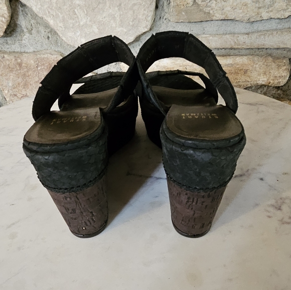 Stuart Weitzman Black Reptile Pattern Upper Cork Wedge Slide Sandals  Size 6M - Picture 13 of 14